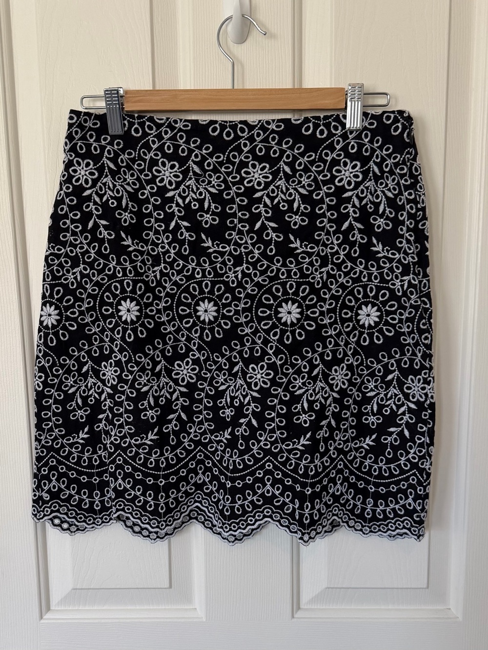 LOFT Black Mini Skirt with White Embroidered Floral Lace